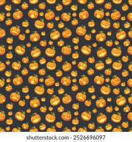 Seamless pattern with the image of various pumpkins on a dark background.  The illustration is suitable for themes related to Halloween and autumn holidays.