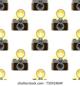 Seamless pattern with the image of vintage photo camera on white background.