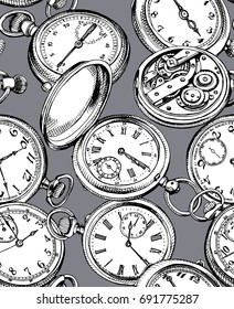 Seamless pattern with image of a Vintage Pocket watches. Vector  illustration.