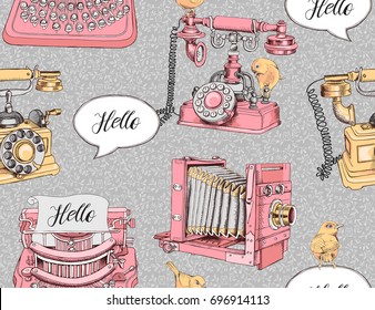 Seamless pattern with image of a vintage Telephone, Camera, Typewriter and birds on a decorative floral background. Vector illustration.