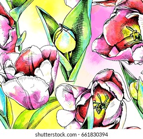 Seamless pattern with image of a Watercolor Tulip Flowers and leaves. Vector illustration.