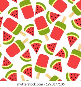 Seamless pattern with the image of watermelon ice cream and a triangular piece of watermelon. Design for paper, textiles and decor. Vector illustration.