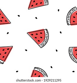 Seamless pattern with the image of a watermelon and seeds in a sketch style. Cute funny print. Design for textiles, paper and decor.