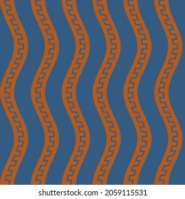 seamless pattern with the image of wavy orange lines in the form of an ornament on a blue background for prints on fabrics, packaging and for decoration of interior backgrounds