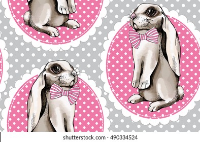 Seamless pattern with image a White Bunny in a tie sits on his hind legs on a pink ellipse frame. Vector illustration.