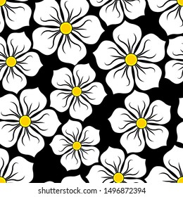 Seamless pattern with the image of white flowers on a black background. Vector illustration