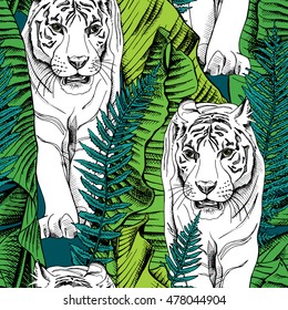 Seamless pattern with image of a white tiger walking in green banana leaves and fern. Vector illustration.