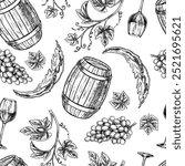 Seamless pattern with the image of wine. A wine barrel, grapes and a vine. A graphic vector illustration drawn by hand. On a white background. For packaging and label, banners, textiles and more