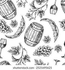 Patrón sin fisuras con la Imagen del vino. Una barrica de vino, uvas y una vid. Una Ilustración vectorial gráfica dibujada a mano. Sobre un fondo blanco. Para embalaje y etiquetado, Anuncios, textiles y más