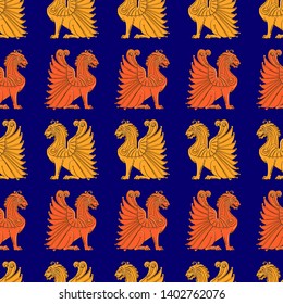 Seamless pattern with the image of winged lions on a blue background