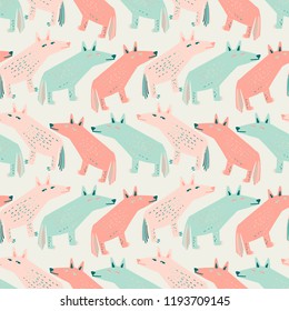 Seamless pattern with the image of wolf. Vector illustration. Design can be used for textiles, wallpaper, clothing, wrapping paper.
