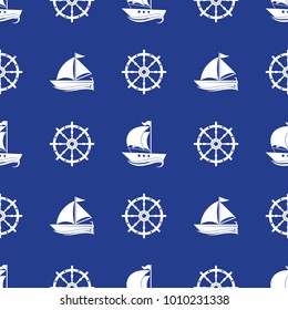 Seamless pattern with the image of yachts, anchor, steering wheel. Can be used for paper, background, texture, wallpaper. Vector illustration.