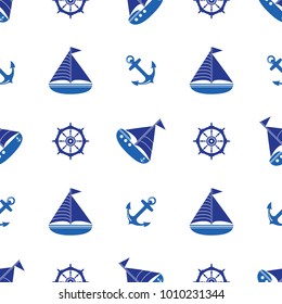 Seamless pattern with the image of yachts, anchor, steering wheel. Can be used for paper, background, texture, wallpaper. Vector illustration.