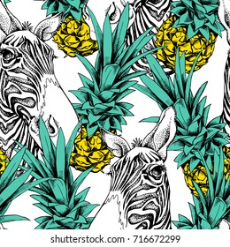 Seamless pattern with image of the Zebra and a Pineapple. Vector illustration.