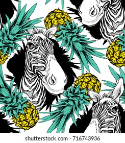 Seamless pattern with image of the Zebra and a Pineapple. Vector illustration.