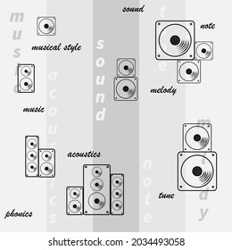 seamless pattern of images of acoustic systems and speakers in gray tones for studio interiors and prints on fabrics, clothing packaging
