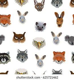 Seamless pattern with images of animals on a white background. Illustration of animals. Eagle, raccoon, hedgehog, rabbit, Fox, kangaroo, wolf, owl