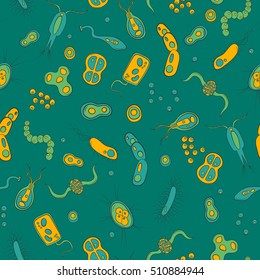 Seamless pattern with images of bacteria, germs and viruses on a green background