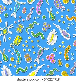 Seamless pattern with images of bacteria, germs and viruses on a blue background