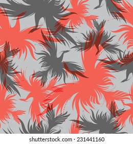 Seamless pattern with images of birds (Phoenix) in grey and red colors. 