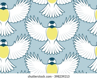 Seamless pattern with images of birds. Warbler with a yellow breast on a gray background