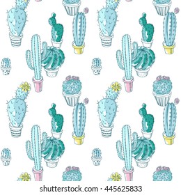 Seamless pattern with images of a Cacti in a pots in shades of blue. Vector illustration.