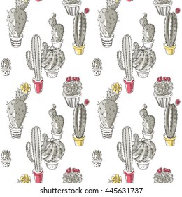 Seamless pattern with images of a Cacti in a pots on white background. Vector illustration.