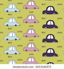 Seamless pattern with images of cars of different colors and the inscriptions “boy, cool, car.” In doodle style. Modern beautiful vector children's illustration for wallpaper, print, fabric