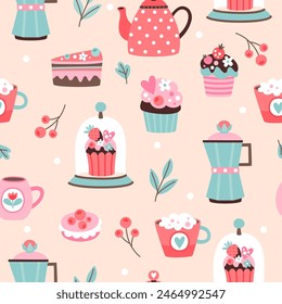 Seamless pattern with images of coffee, sweets, cupcakes, macaroons and other elements. Printing on fabric and wrapping paper. Vector illustration