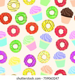 Seamless pattern of images of confectionery. Donuts, cake, cupcake, sweets. Bright background. For the design of advertising, endowments and printed products, for confectionery, bakeries. Vector eps10