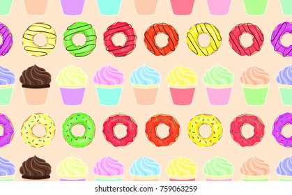 Seamless pattern of images of confectionery. Donuts, cake, cupcake, sweets. Bright background. For the design of advertising, endowments and printed products, for confectionery, bakeries. Vector eps10