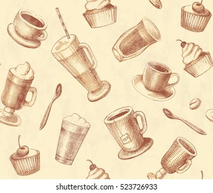 Seamless pattern with images of cups of coffee, tea and cupcakes