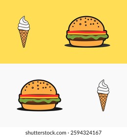 a seamless pattern with images of delicious vanilla ice cream and cheeseburgers. Suitable for restaurant accessories