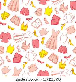 Seamless pattern with images of different types of clothing. A pattern for clothing stores.