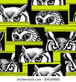 Seamless pattern with images of eyes of owls. Vector illustration.
