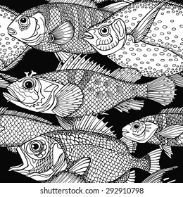 Seamless pattern with images of fish. Vector black and white illustration.