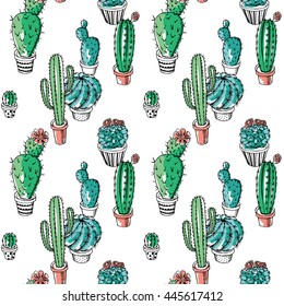 Seamless pattern with images of a green blooming Cacti in a pots. Vector illustration.