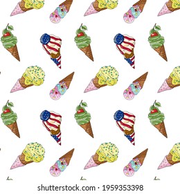 Seamless pattern with images of ice cream in a cone. National Ice Cream Day.