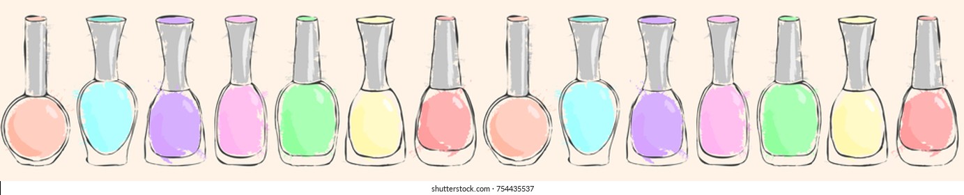 Seamless pattern from the images of nail polish, painted with a watercolor brush. For the design of business cards, booklets, leaflets, brochures, wallpapers for beauty and manicure salons. EPS 10.