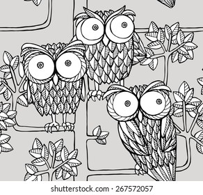 Seamless pattern with images of owls on the tree. Vector graphic illustration.