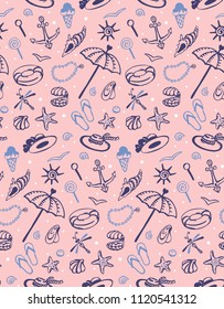 Seamless pattern with images of pearls, umbrella, hats, flasks, seashells, seagulls, dragonflies, starfish, lifebuoys, anchors, ice cream, candy, beads. Hand-drawn set of vector illustration.