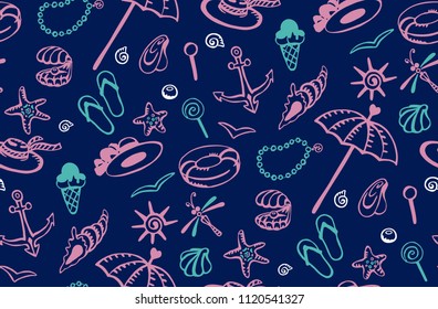 Seamless pattern with images of pearls, umbrella, hats, flasks, seashells, seagulls, dragonflies, starfish, lifebuoys, anchors, ice cream, candy, beads. Hand-drawn set of vector illustration.