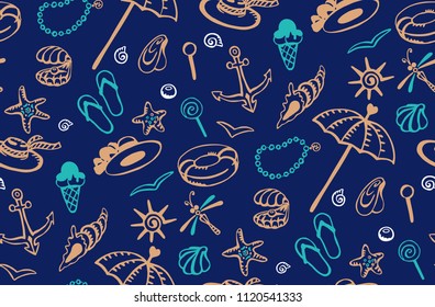 Seamless pattern with images of pearls, umbrella, hats, flasks, seashells, seagulls, dragonflies, starfish, lifebuoys, anchors, ice cream, candy, beads. Hand-drawn set of vector illustration.