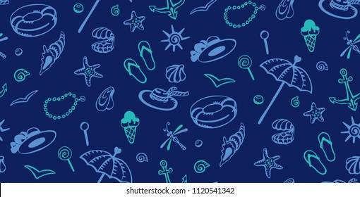 Seamless pattern with images of pearls, umbrella, hats, flasks, seashells, seagulls, dragonflies, starfish, lifebuoys, anchors, ice cream, candy, beads. Hand-drawn set of vector illustration.