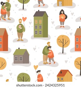 Seamless pattern with images of people and houses. Romantic town. Vector illustration