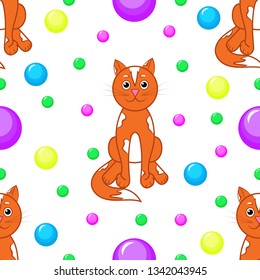 Seamless pattern. Images of red spotted cats on the background of multi-colored balls. Cats are red, spotty balls of blue, pink, yellow, green and lilac flowers. Vector image.