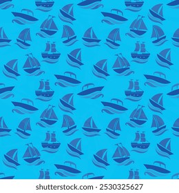 Seamless pattern with images of sea vessels on a blue background.  Illustration for various design purposes such as fabric, wallpaper or wrapping paper.