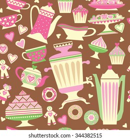 Seamless pattern with images of tea utensils and sweets. Samovar and tea cups, vases, cupcakes, cakes.