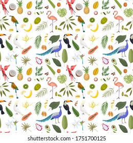 seamless pattern with images of tropical plants, birds and fruits
