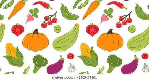 Seamless pattern with images of vegetables. Tomato, pepper, peas, eggplant, carrots, broccoli, cucumber, garlic. Flat vector illustration.